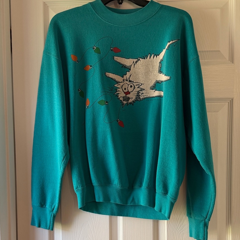 Ugly Sweater - Vintage Teal Holiday Cat Crewneck Sweatshirt